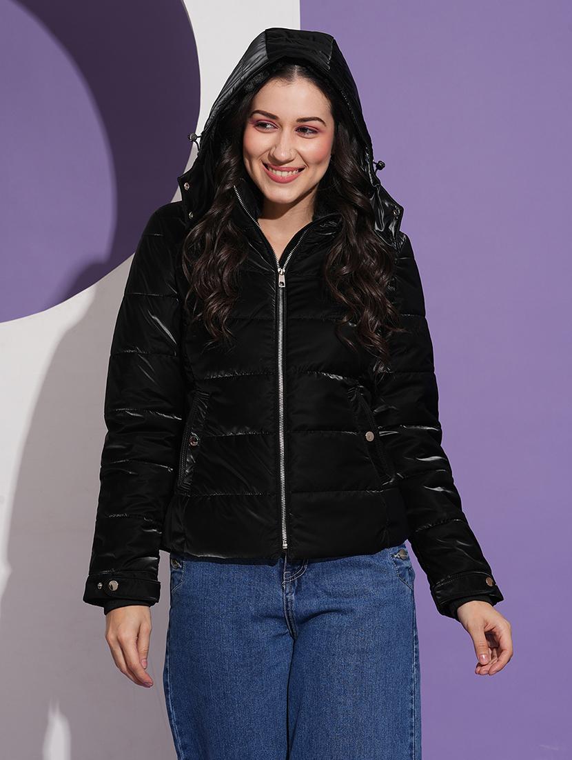 globus women black mock neck front pockets winter wear insulator puffer jacket with detachable hood - 21674621 -  Zoom Image - 0