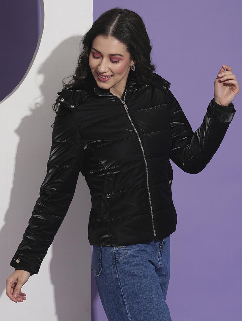 globus women black mock neck front pockets winter wear insulator puffer jacket with detachable hood - 21674621 -  Standard Image - 1