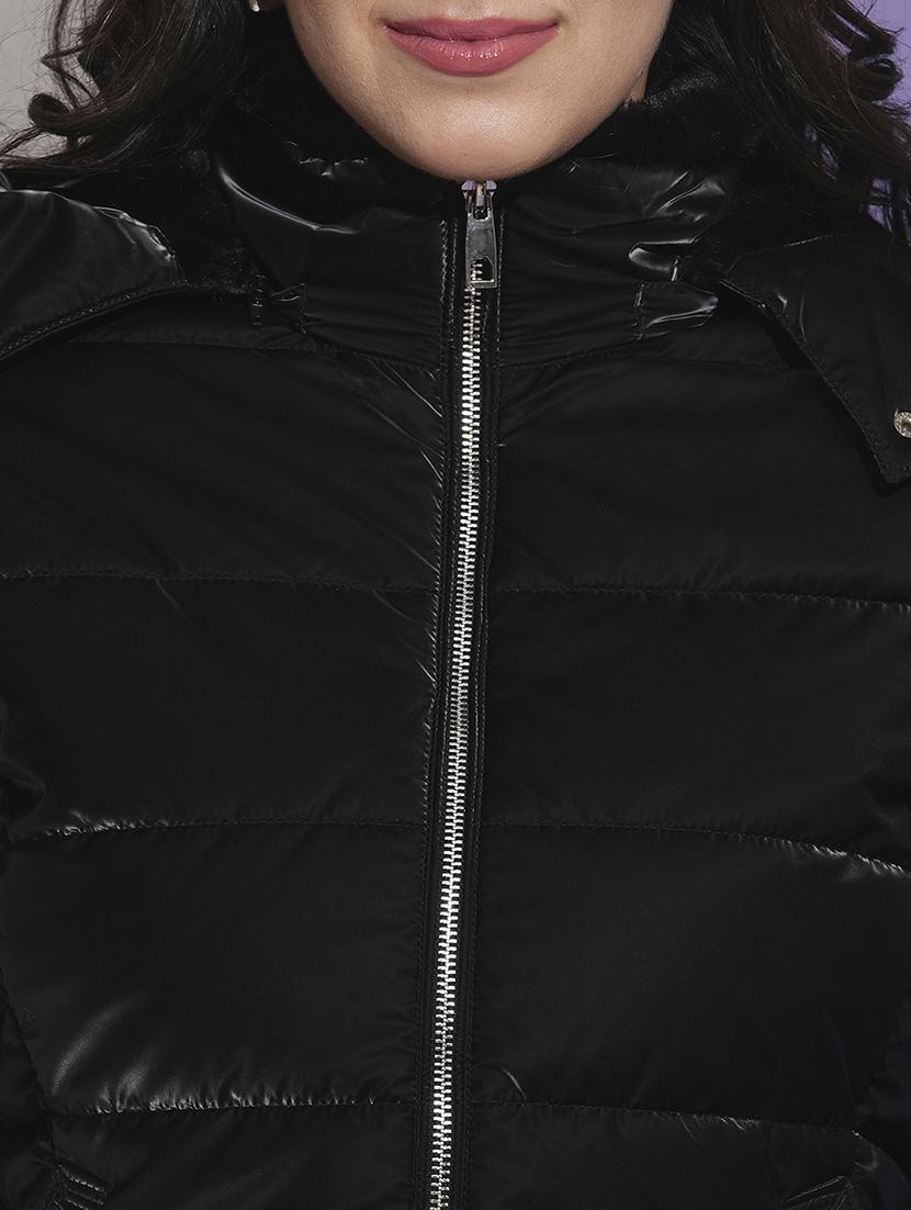 globus women black mock neck front pockets winter wear insulator puffer jacket with detachable hood - 21674621 - Standard Image - 4