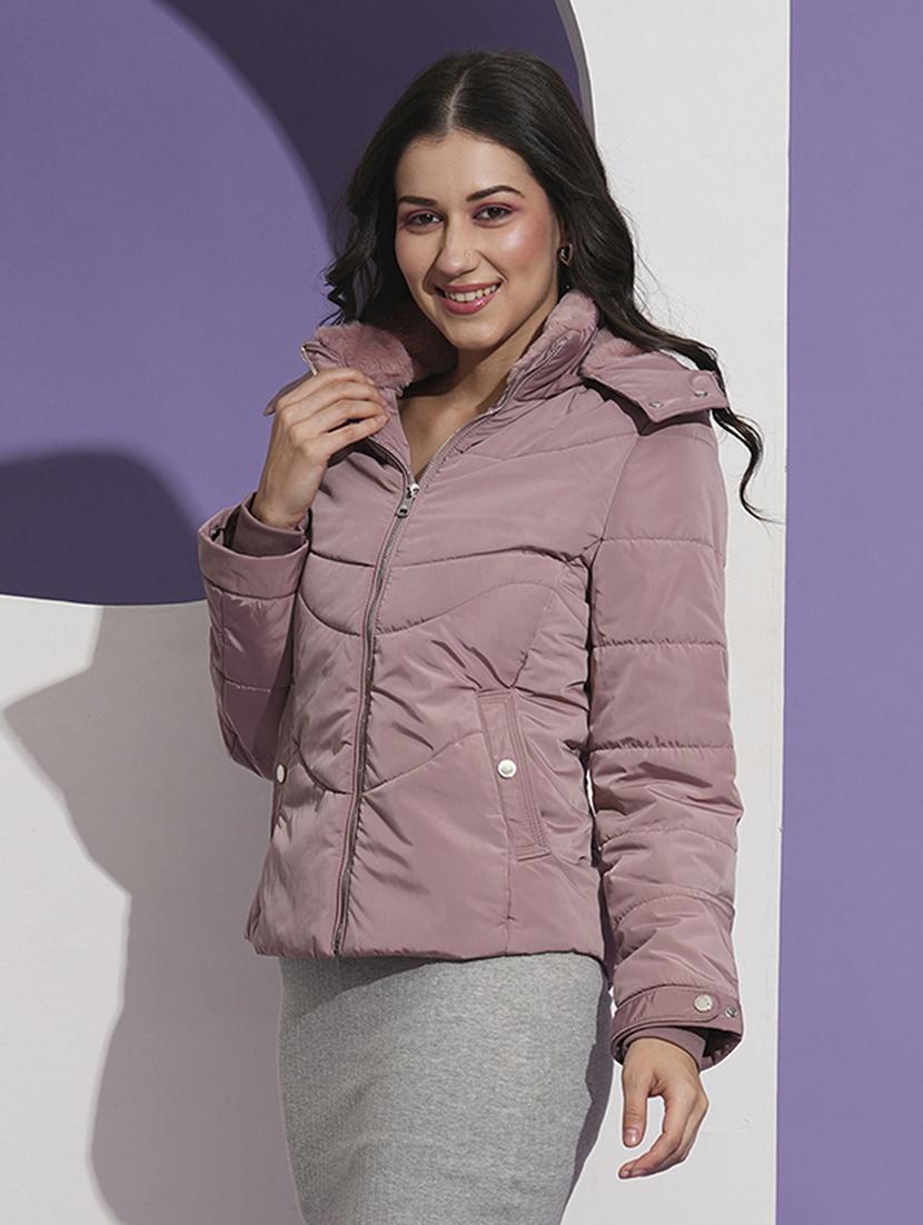 globus women pink mock neck front pockets winter wear insulator puffer jacket with detachable hood - 21674623 - Zoom Image - 0