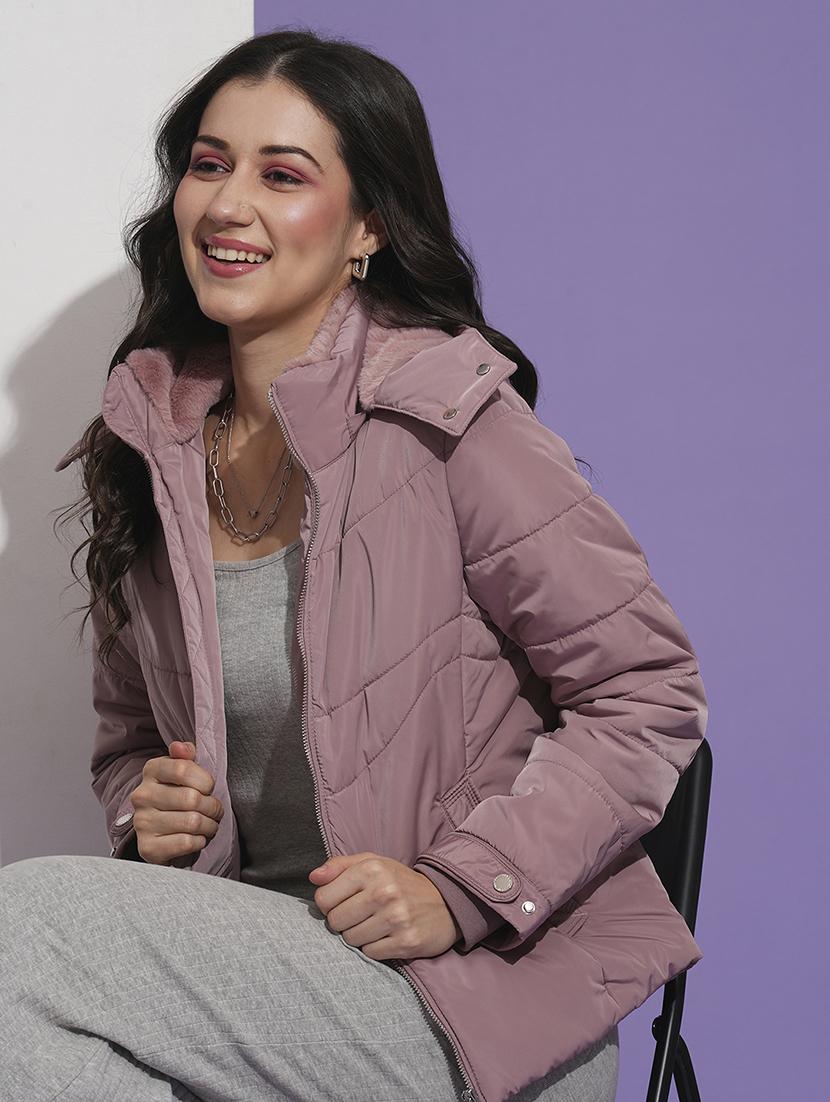 globus women pink mock neck front pockets winter wear insulator puffer jacket with detachable hood - 21674623 - Standard Image - 1