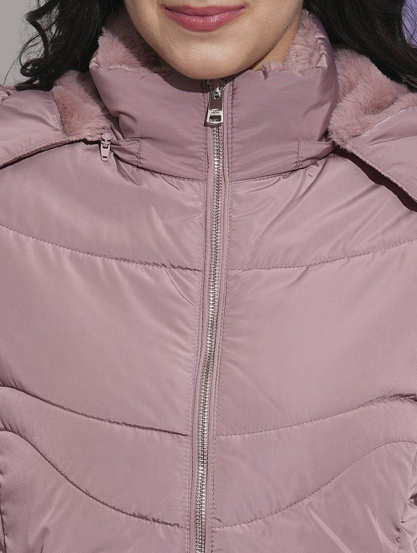 globus women pink mock neck front pockets winter wear insulator puffer jacket with detachable hood - 21674623 - Standard Image - 4