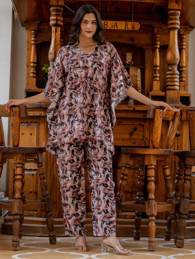 women brown printed v neck co-ord sets - 21674680 - Standard Image - 1