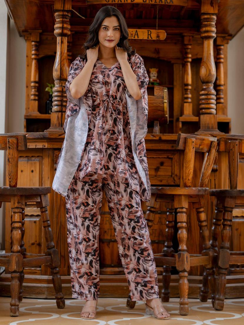 women brown printed v neck co-ord sets - 21674680 - Standard Image - 4