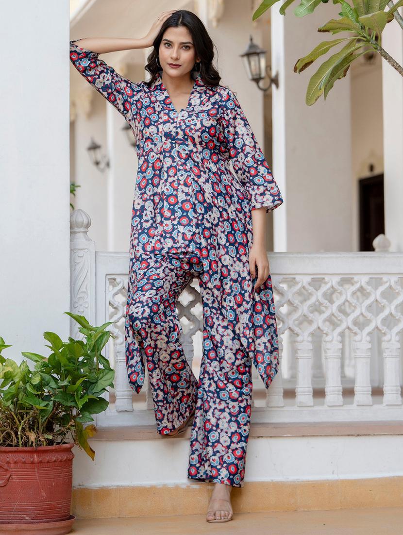 women multi color floral printed v neck co-ord sets - 21674681 - Standard Image - 1