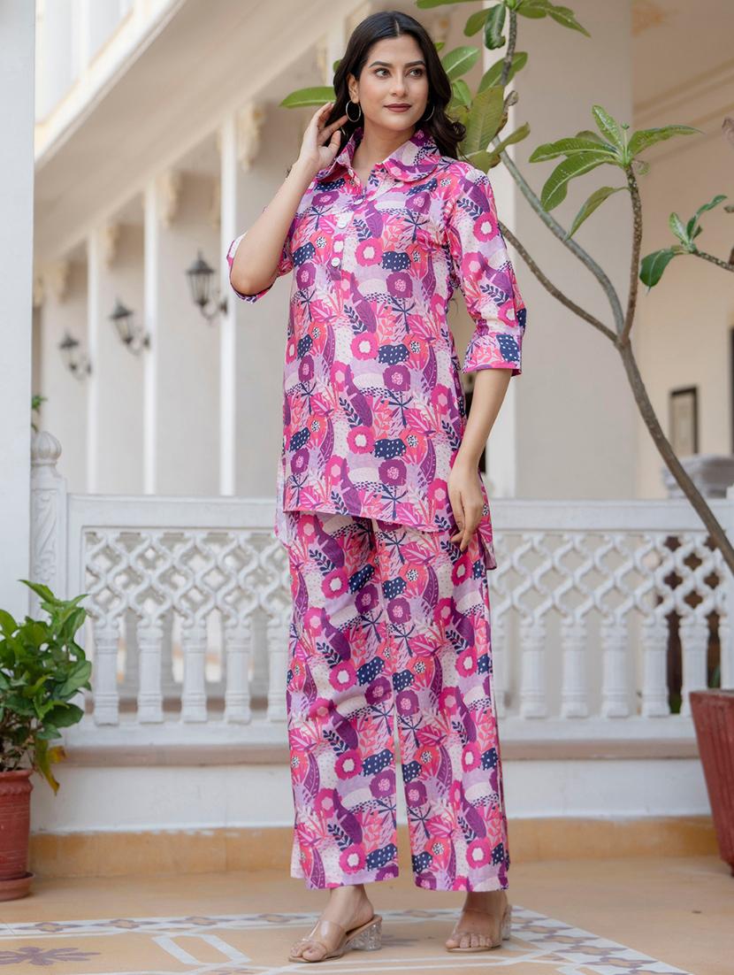 women pink floral printed shirt collar neck co-ord sets - 21674682 -  Standard Image - 1