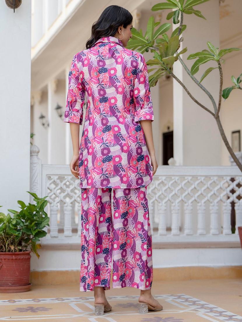 women pink floral printed shirt collar neck co-ord sets - 21674682 - Standard Image - 4