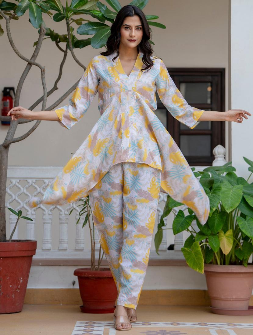 women beige printed v neck co-ord sets - 21674683 - Standard Image - 1