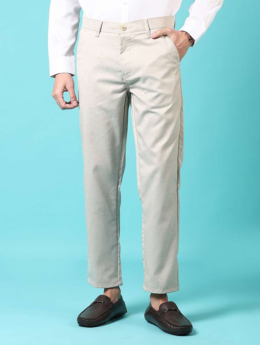 men solid mid rise flat front casual trouser