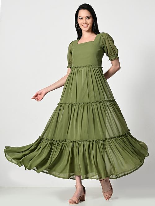 women olive solid puff sleeve tiered dress - 21675140 -  Standard Image - 0