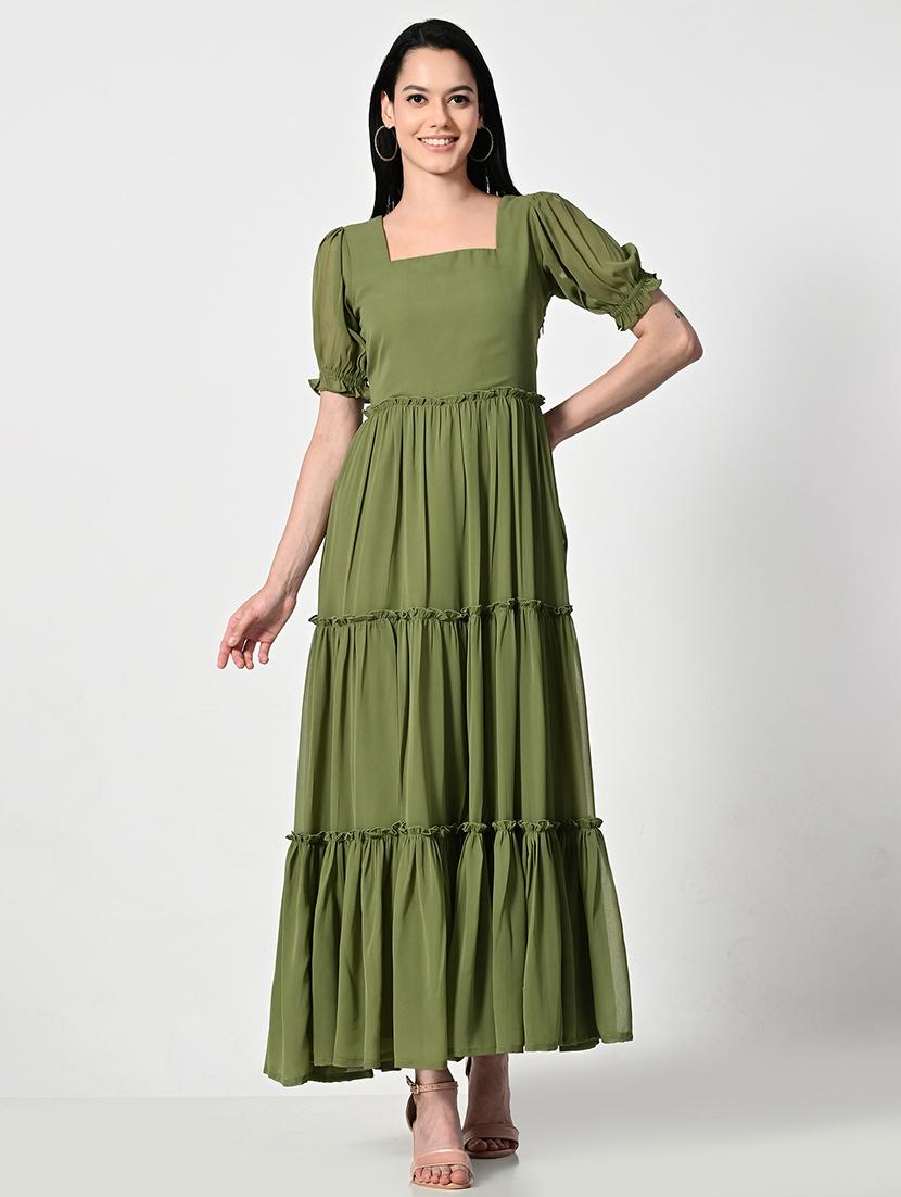 women olive solid puff sleeve tiered dress - 21675140 -  Standard Image - 1