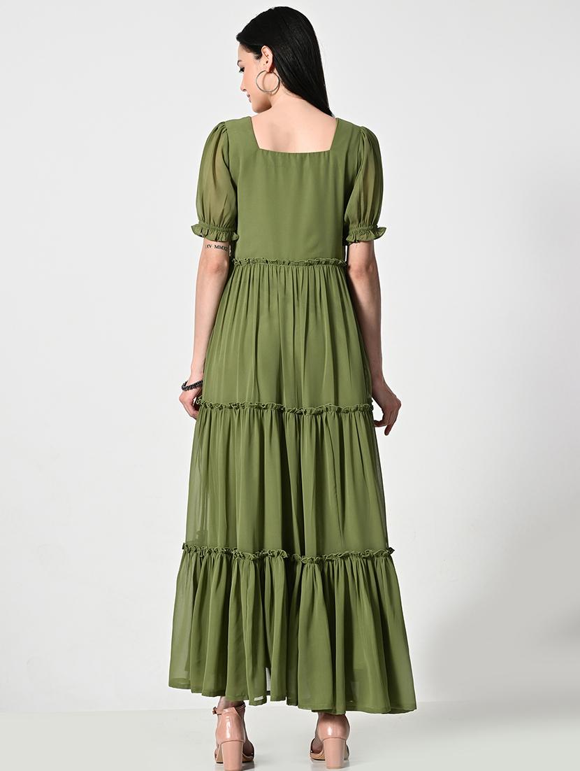 women olive solid puff sleeve tiered dress - 21675140 - Standard Image - 4