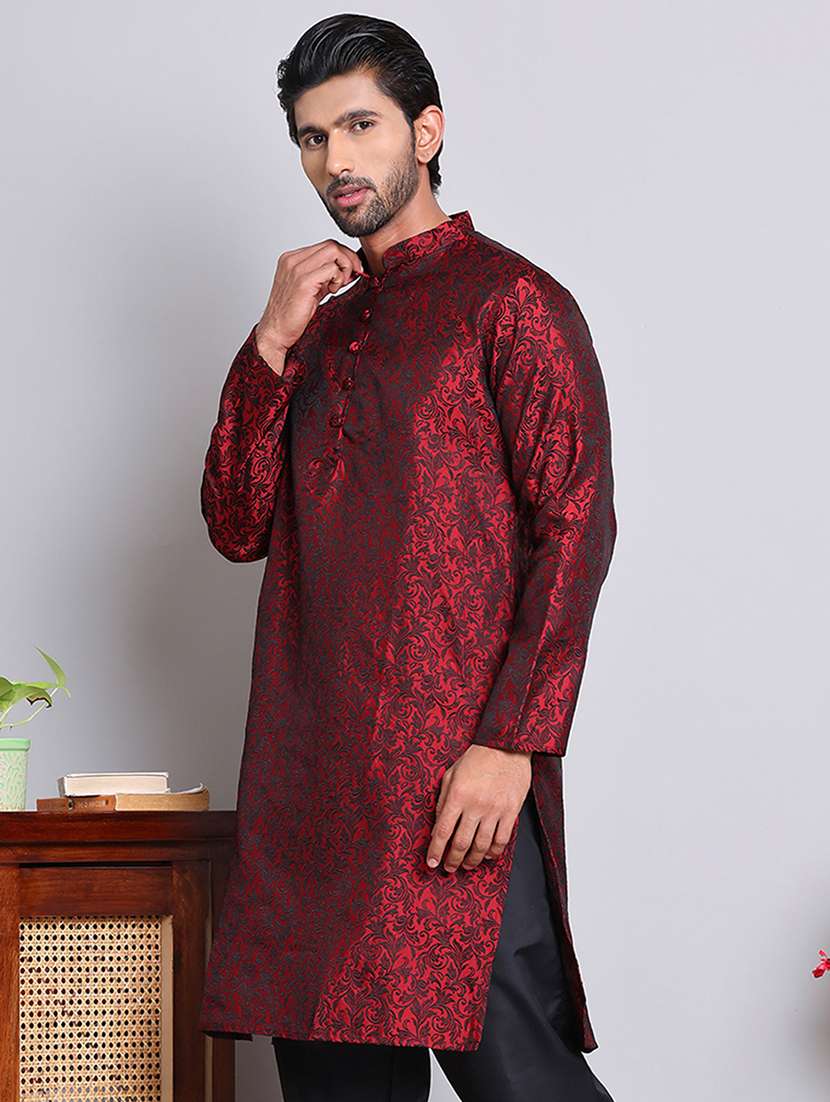 men self design mandarin neck long kurta