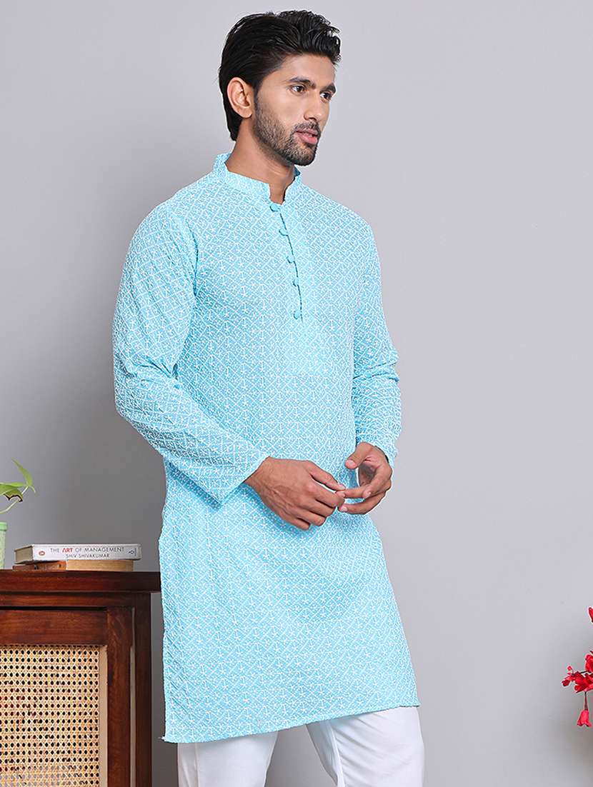 men embroidered mandarin neck long kurta