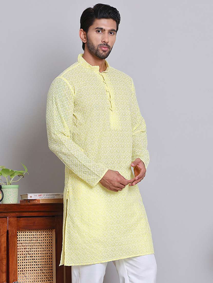 men embroidered mandarin neck long kurta