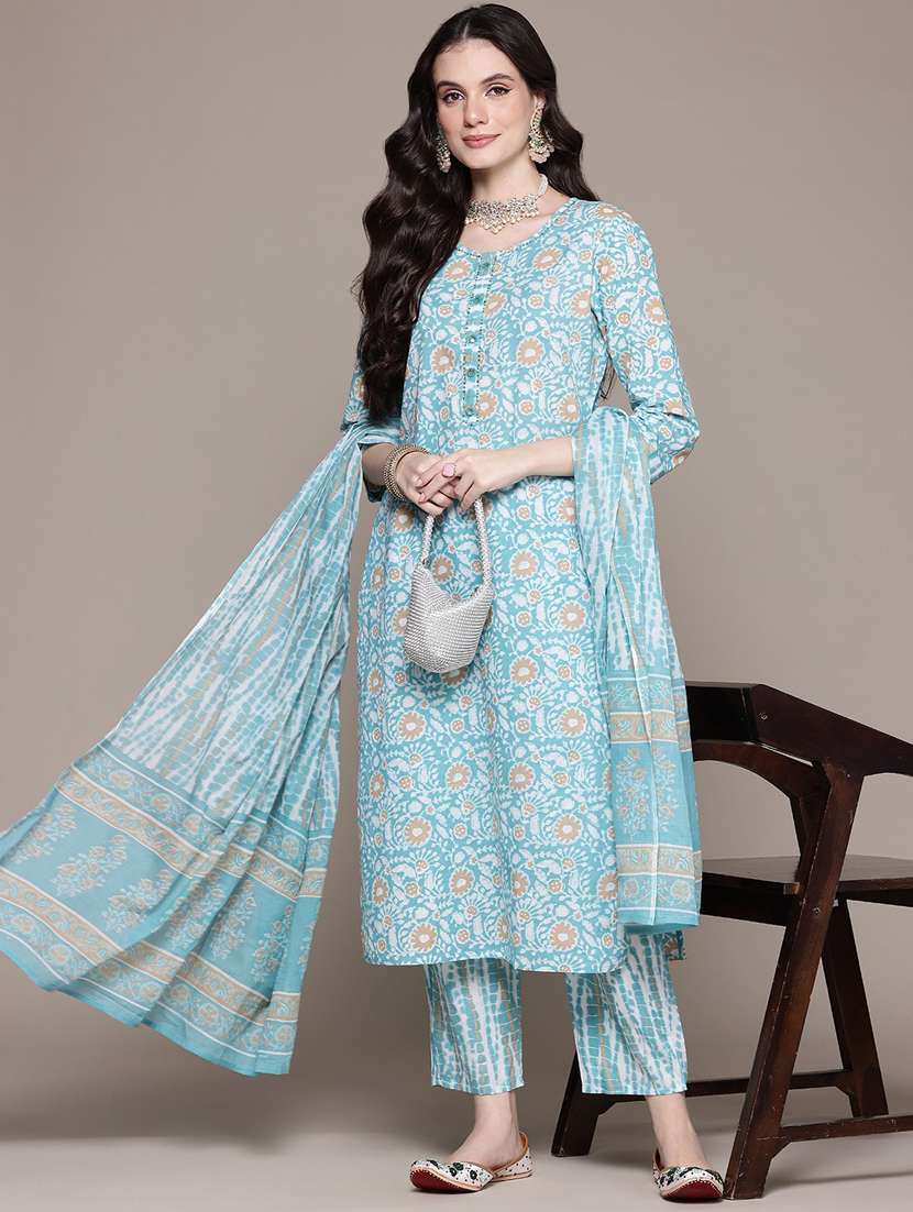 women three quarter sleeve kurta pant with dupatta set