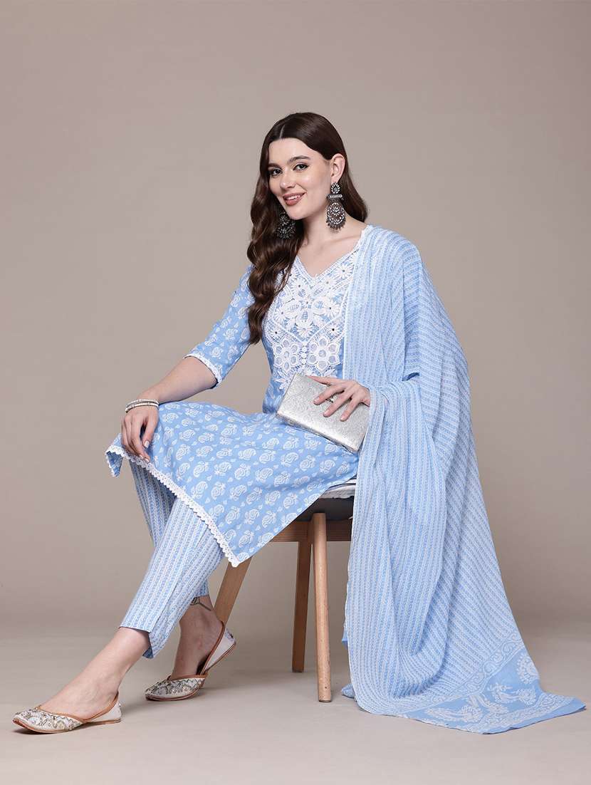 women three quarter sleeve kurta pant with dupatta set - 21675304 -  Standard Image - 4