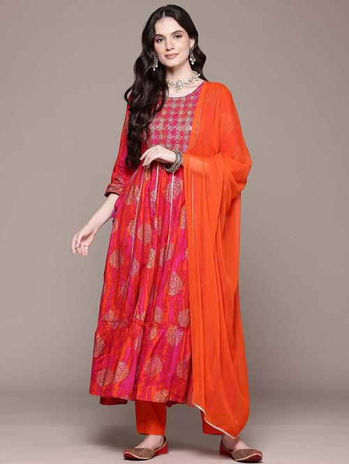women three quarter sleeve anarkali kurta pant with dupatta set - 21675380 -  Standard Image - 0
