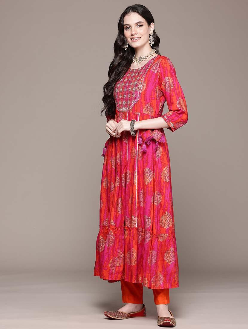 women three quarter sleeve anarkali kurta pant with dupatta set - 21675380 -  Standard Image - 1