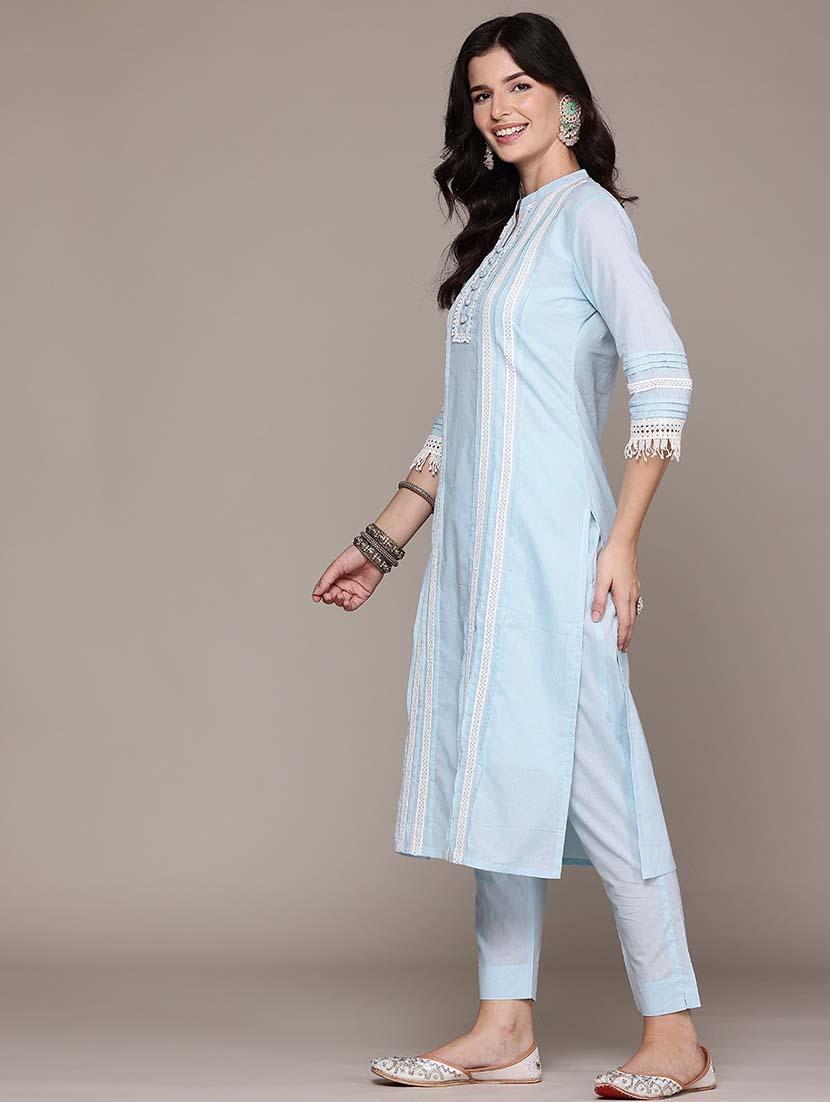women solid mandarin neck kurta pant set with dupatta - 21675383 -  Standard Image - 1