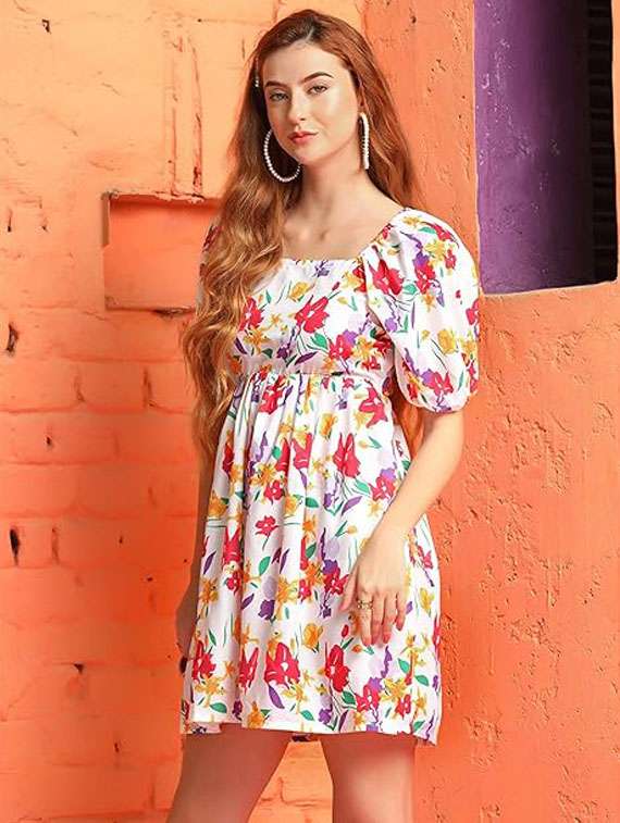 women floral print puff sleeves a-line dress