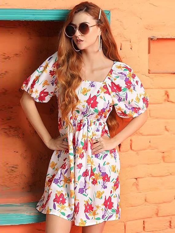 women floral print puff sleeves a-line dress - 21675398 - Standard Image - 1