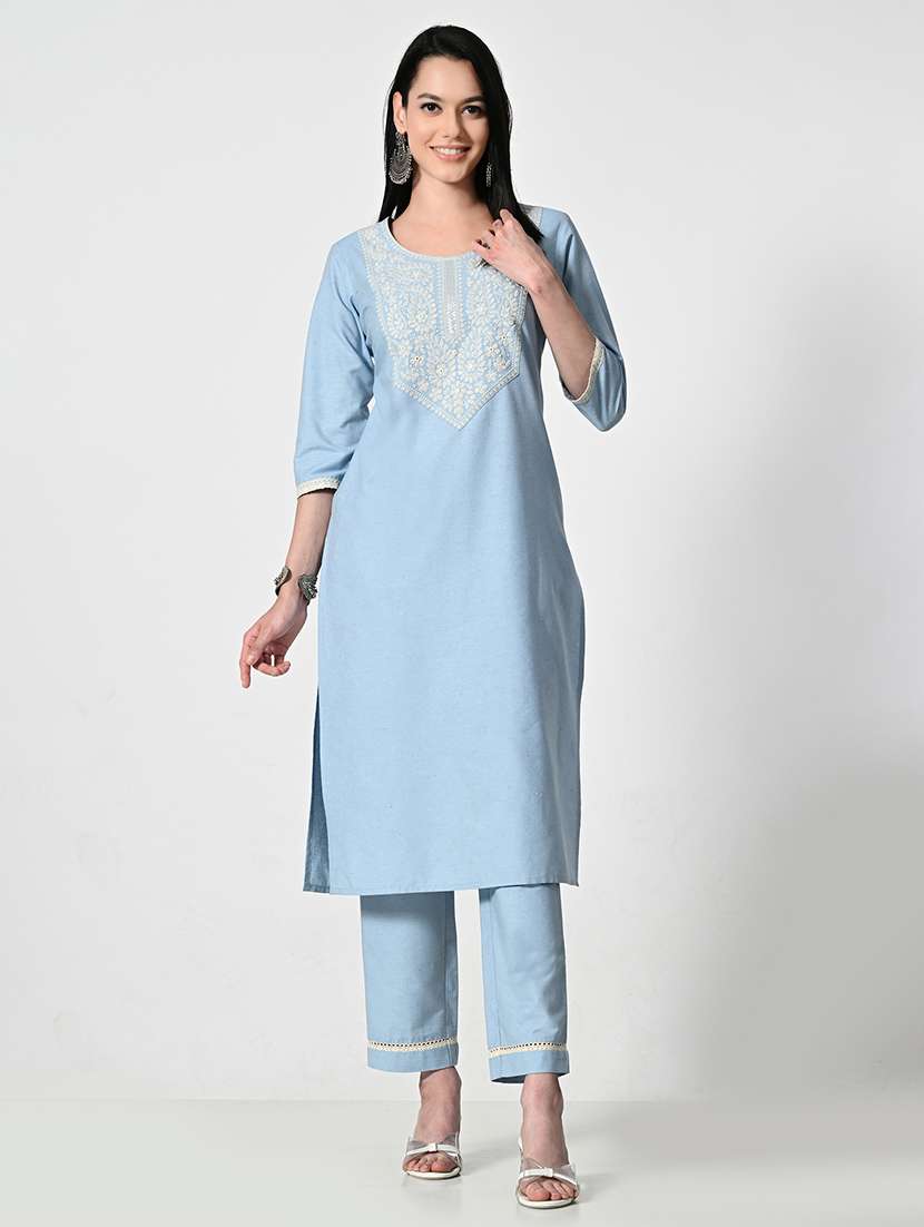 women light blue embroidered kurta pant set - 21675424 - Standard Image - 4