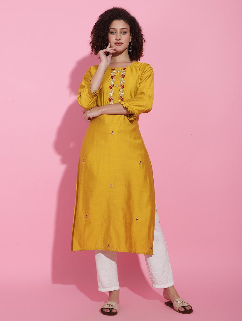 women embellished three quarter sleeve straight kurta - 21675454 -  Zoom Image - 0