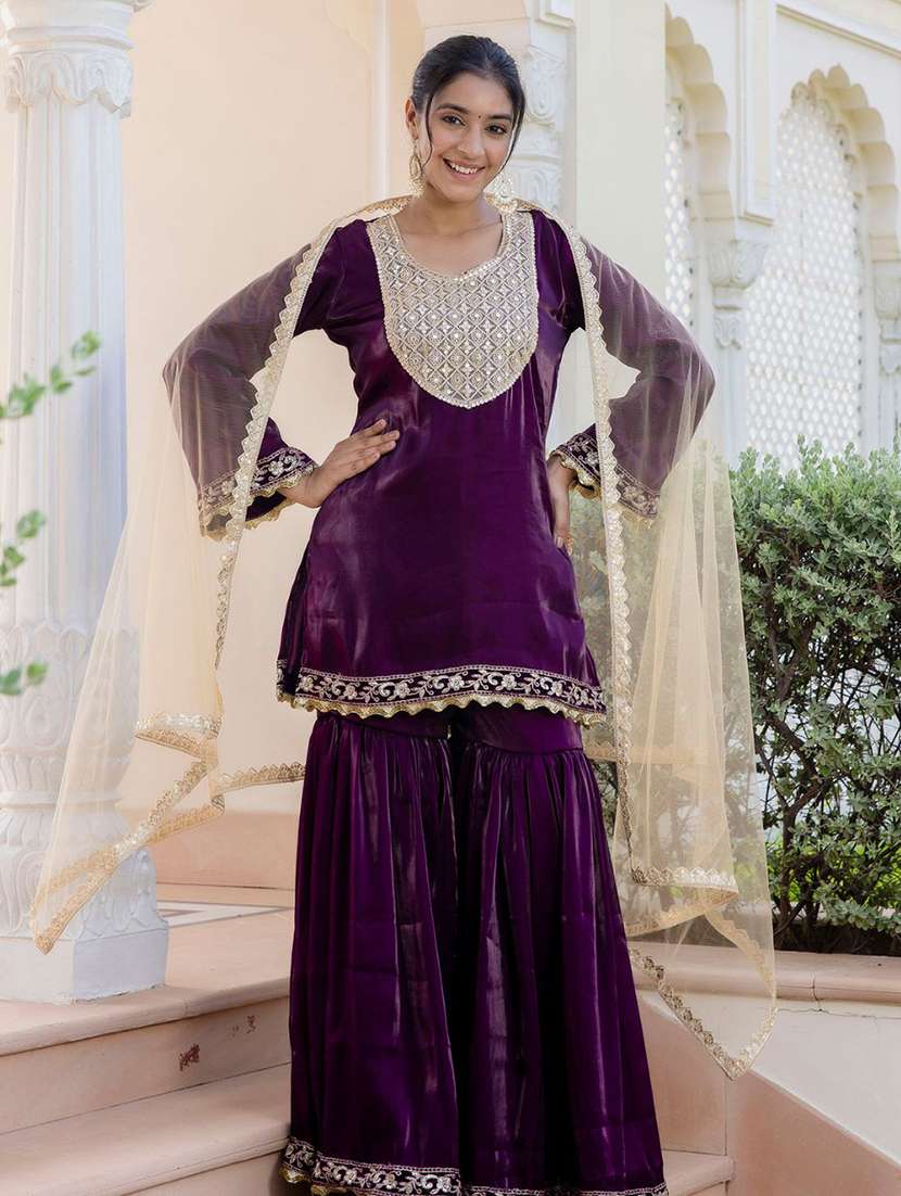 women embroidered kurta sharara with dupatta set - 21675516 -  Standard Image - 1