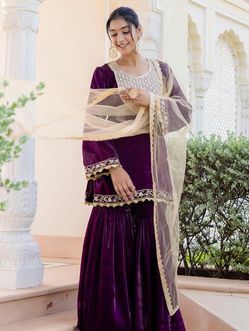 women purple embroidered kurta sharara set - 21675517 - Standard Image - 0