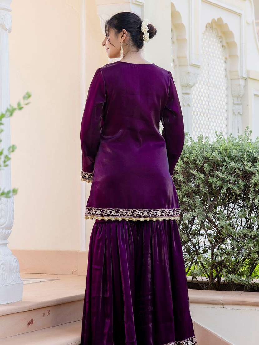 Women Purple Embroidered Kurta Sharara Set