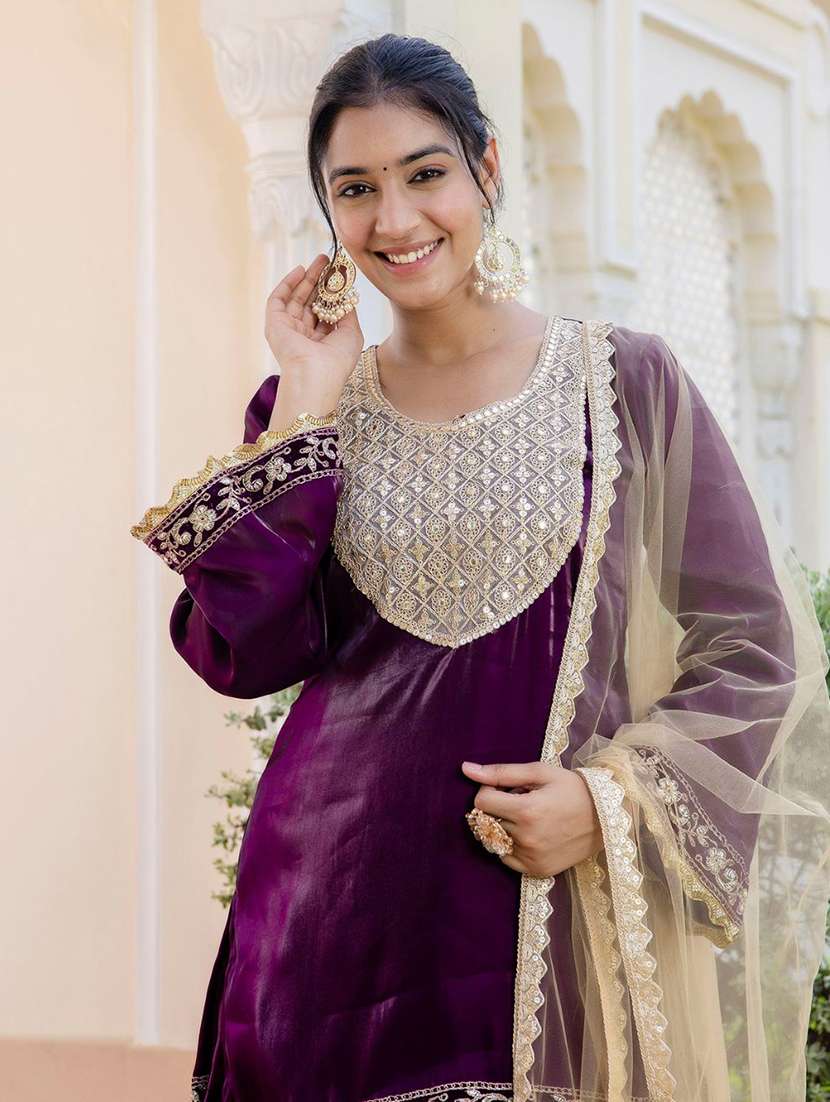Women Purple Embroidered Kurta Sharara Set