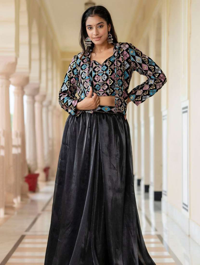 women black embroidered skirt top set with jacket - 21675518 -  Standard Image - 1
