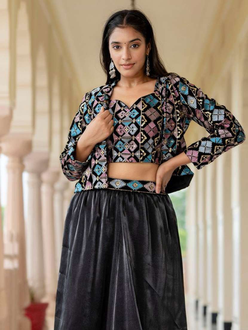 women black embroidered skirt top set with jacket - 21675518 -  Standard Image - 4