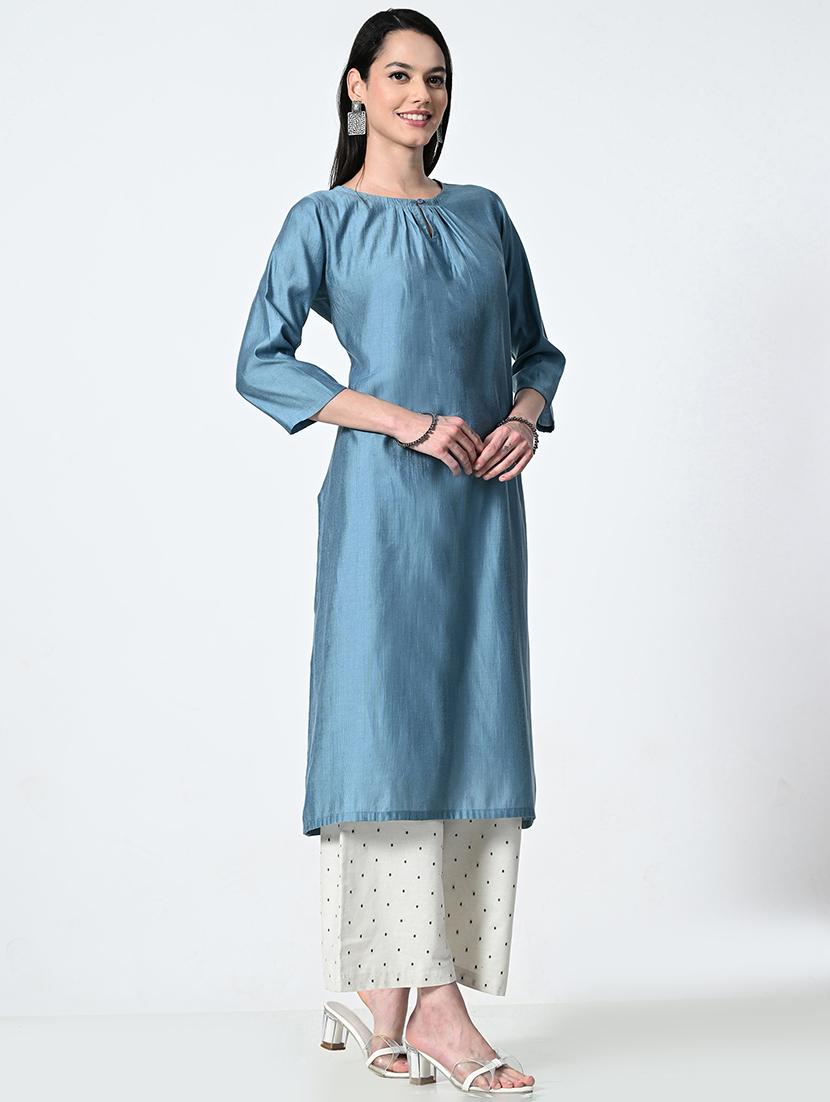 women blue three quarter sleeve a-line kurta - 21675527 -  Standard Image - 1