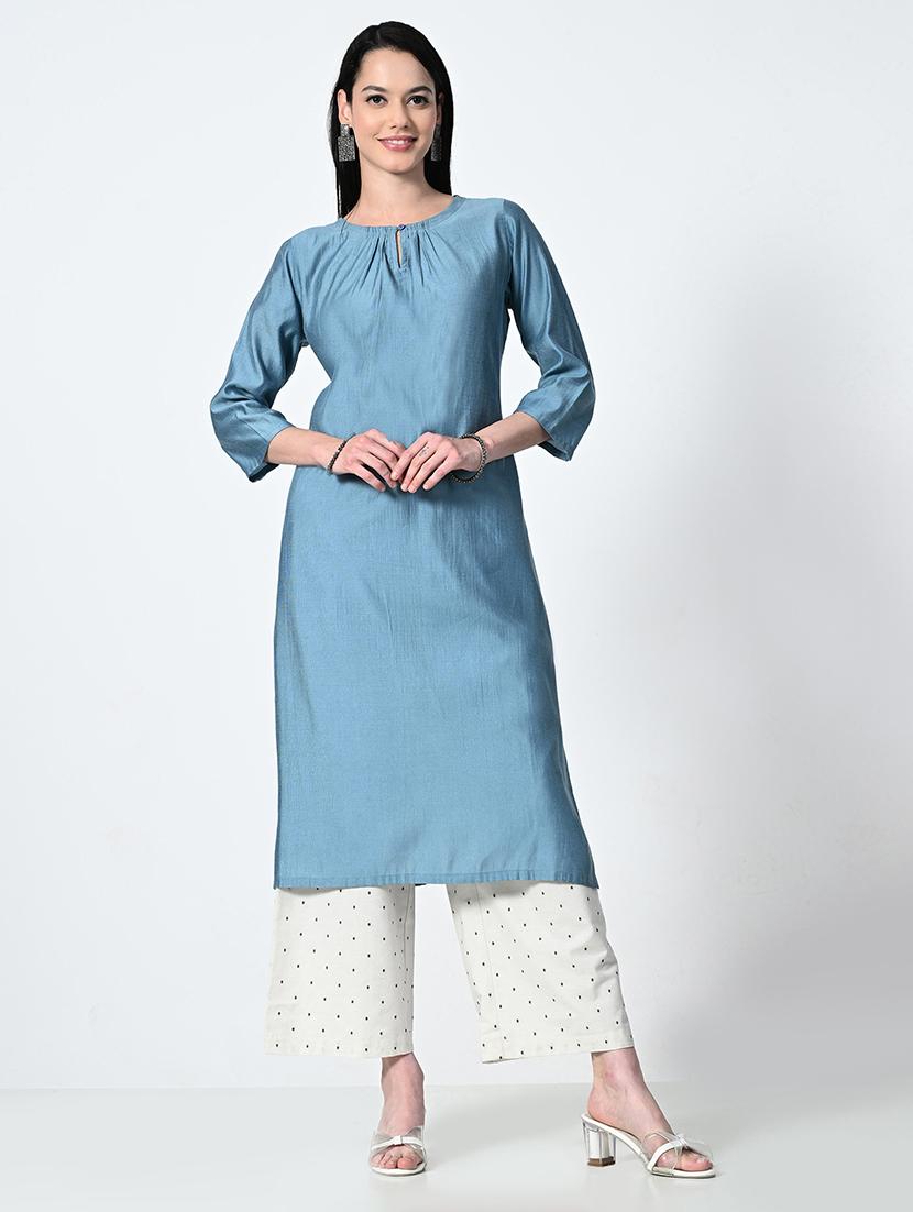 women blue three quarter sleeve a-line kurta - 21675527 - Standard Image - 4