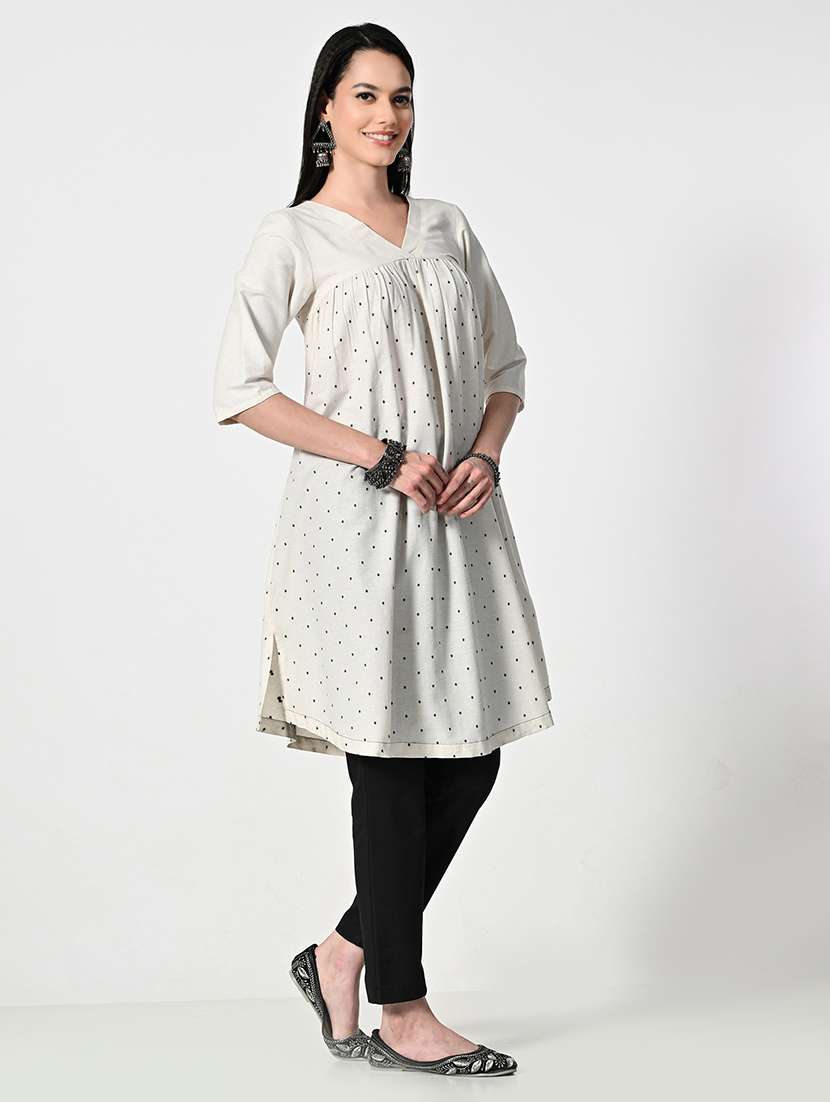 women cream elbow sleeve a-line kurta - 21675528 -  Standard Image - 1