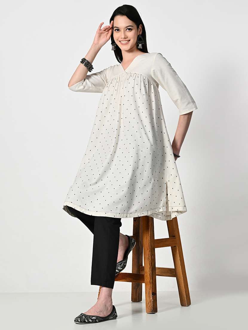 women cream elbow sleeve a-line kurta - 21675528 -  Standard Image - 4