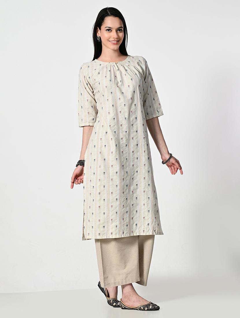 women cream self design elbow sleeve a-line kurta - 21675531 -  Standard Image - 1
