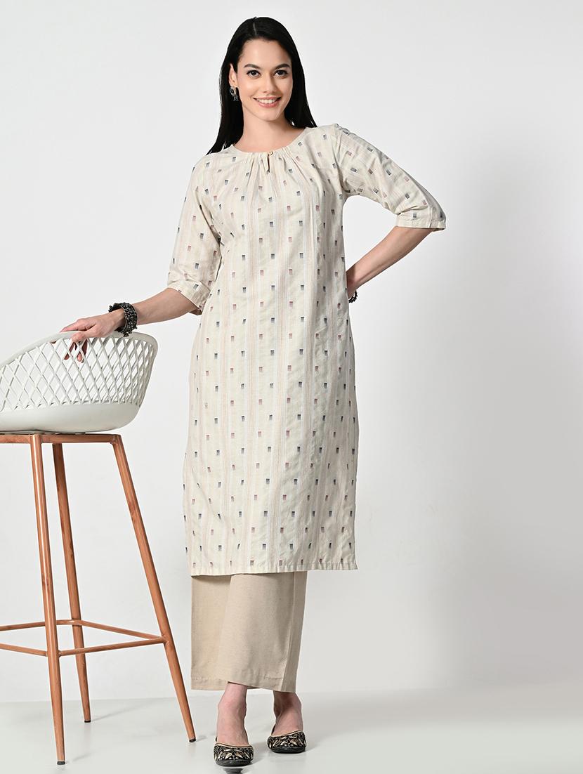 women cream self design elbow sleeve a-line kurta - 21675531 - Standard Image - 4