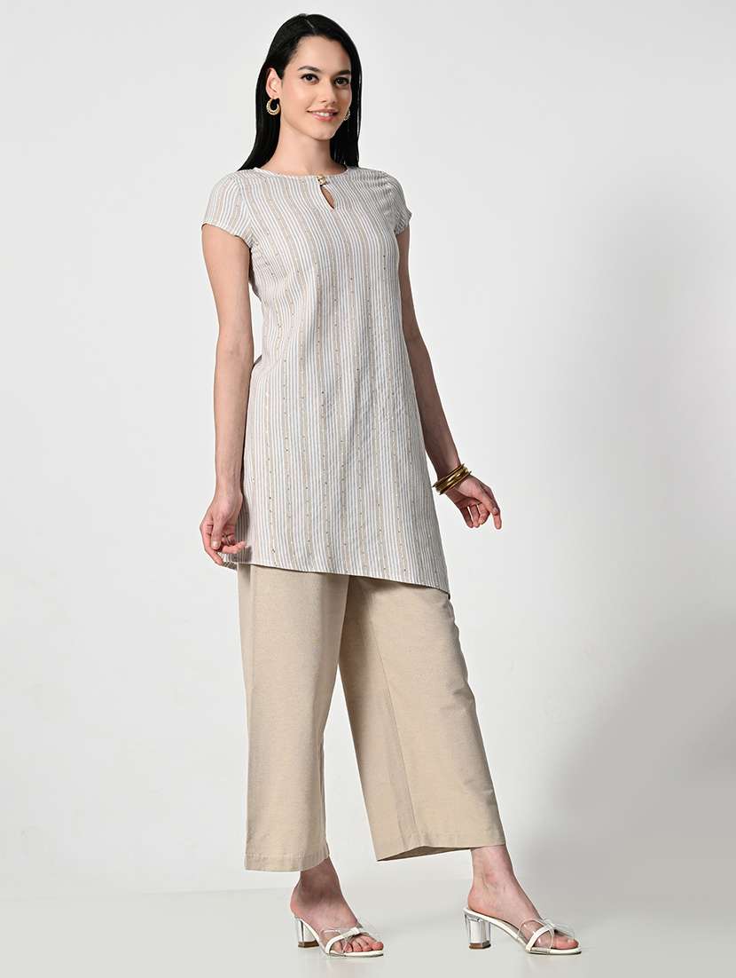womne striped short sleeve asymmetric kurti - 21675534 - Standard Image - 1