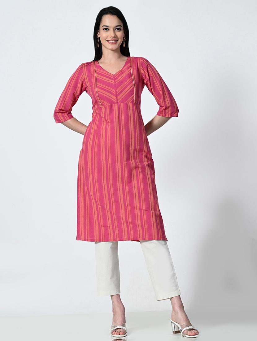 womne striped elbow sleeve straight kurta - 21675536 - Standard Image - 1