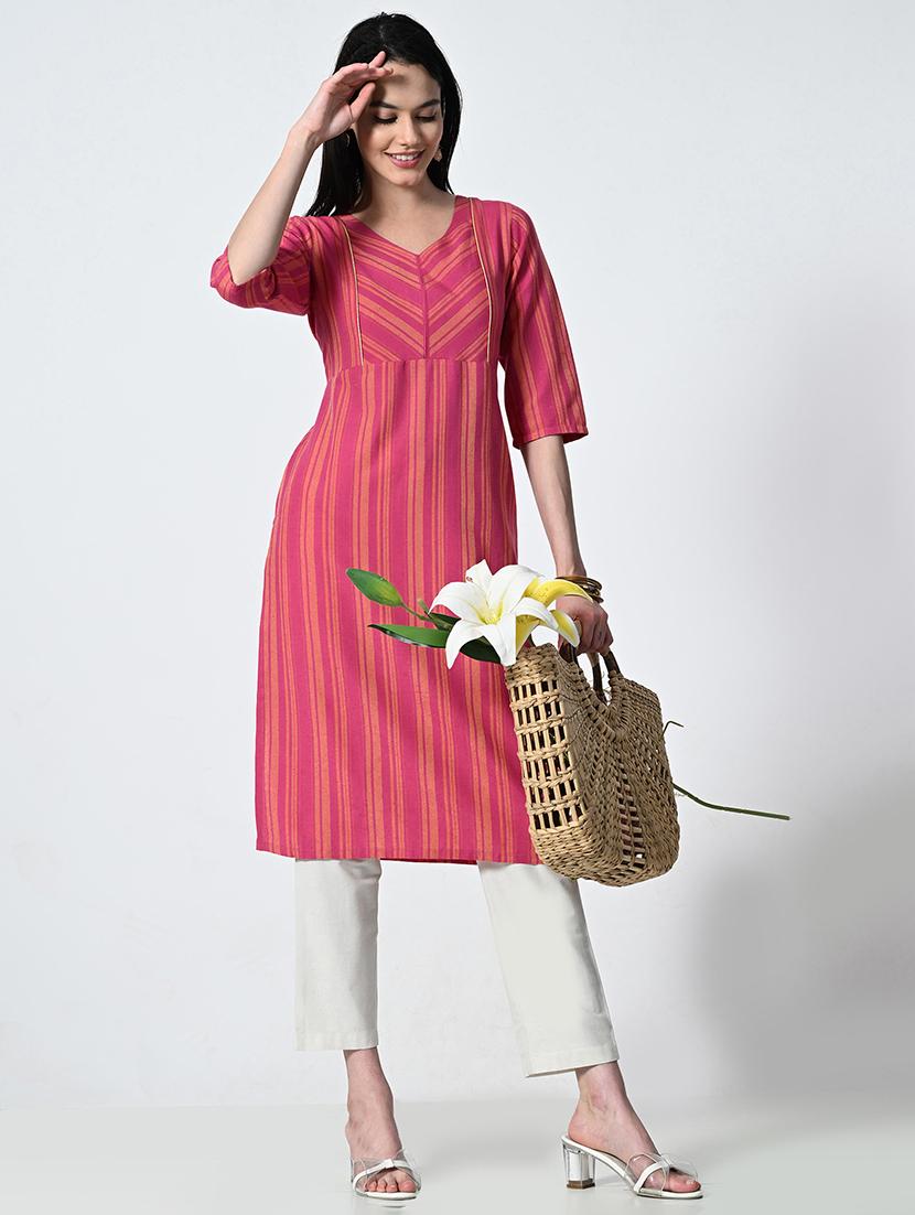 womne striped elbow sleeve straight kurta - 21675536 - Standard Image - 4