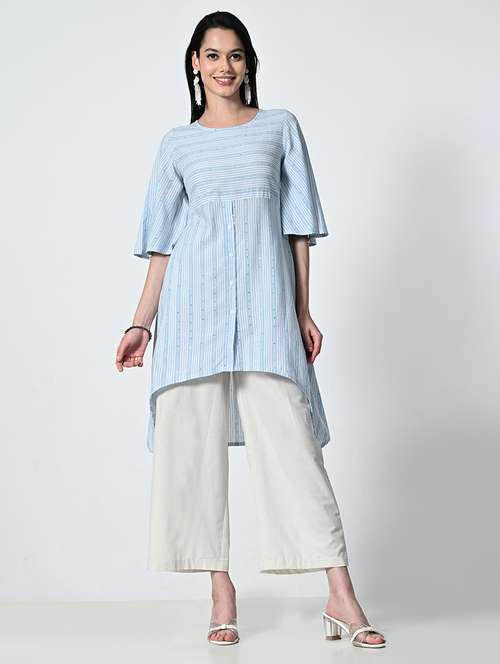 women striped elbow sleeve high low kurta - 21675539 -  Standard Image - 0