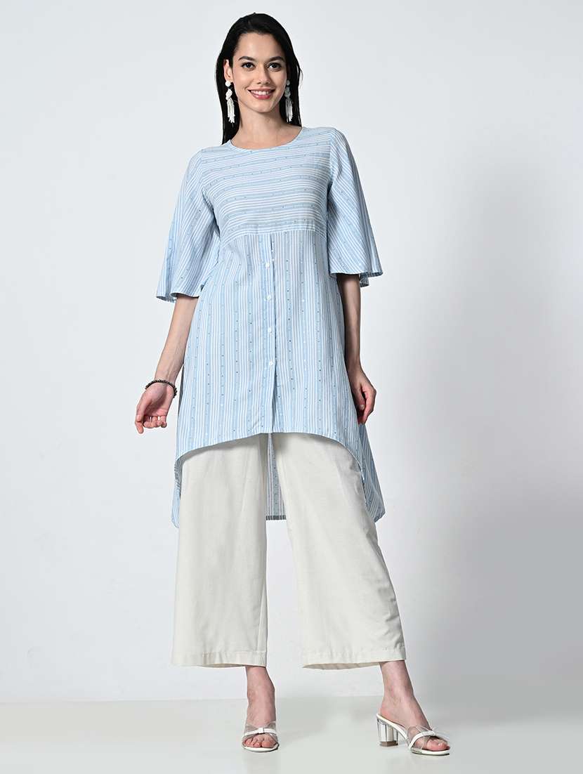 women striped elbow sleeve high low kurta - 21675539 -  Zoom Image - 0