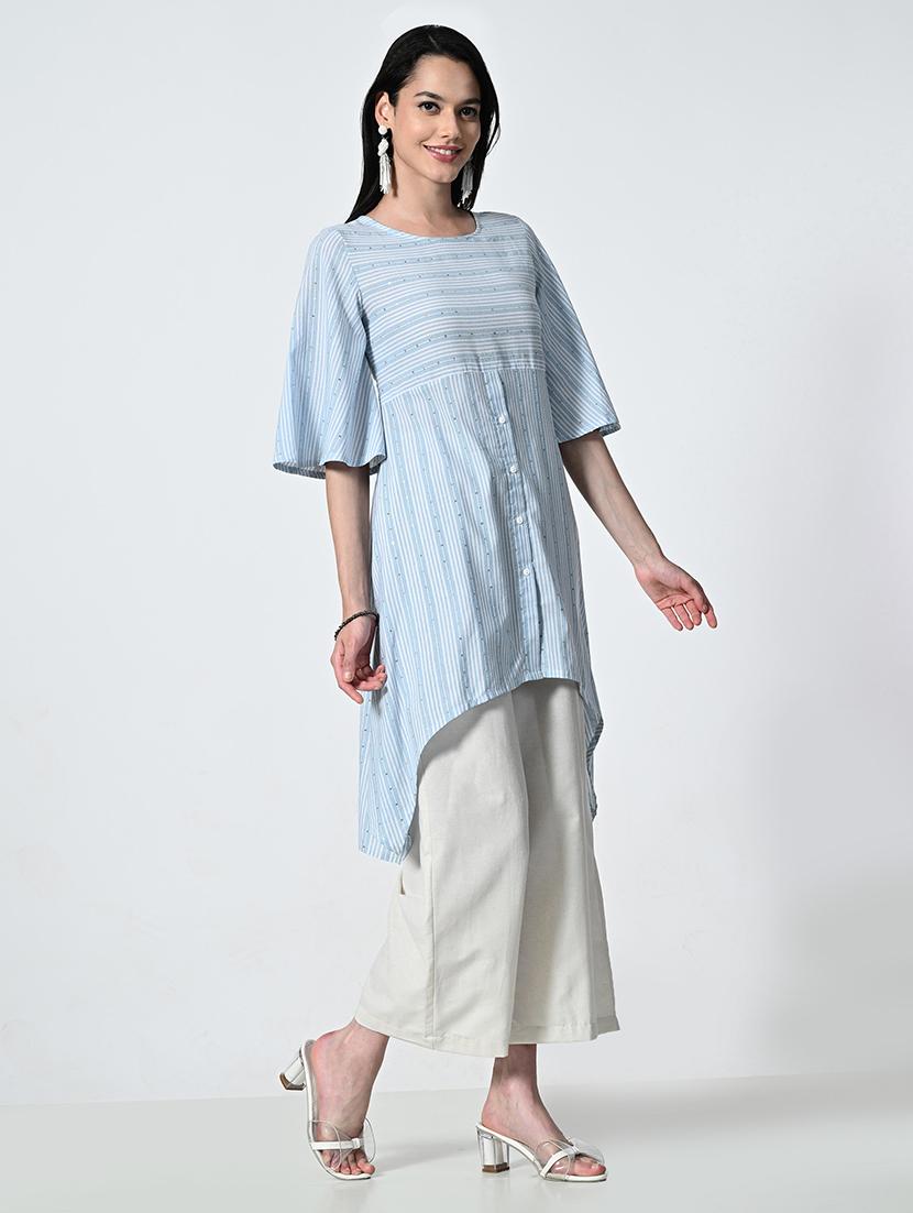 women striped elbow sleeve high low kurta - 21675539 - Standard Image - 1