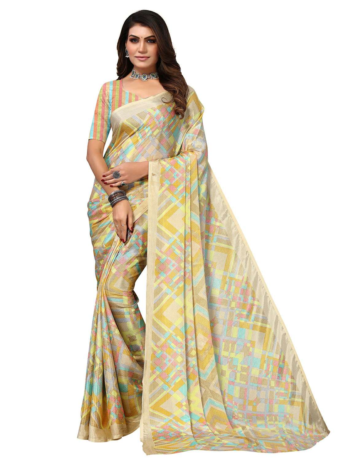 women beige printed saree with blouse