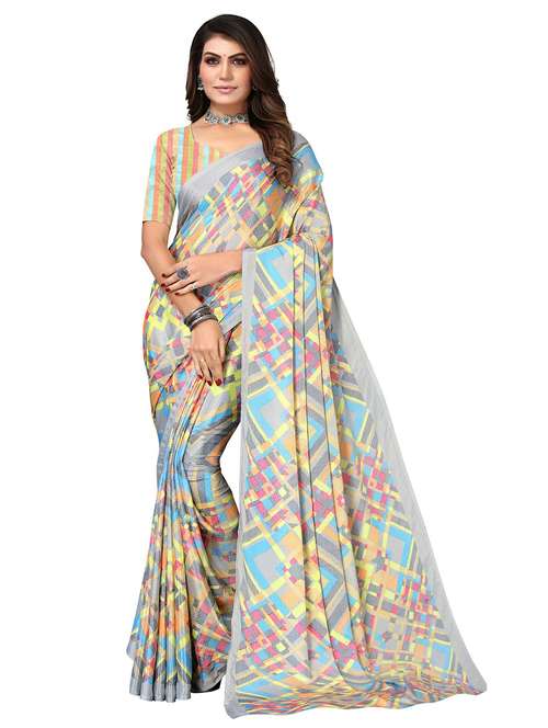women grey printed saree with blouse - 21676096 -  Standard Image - 0