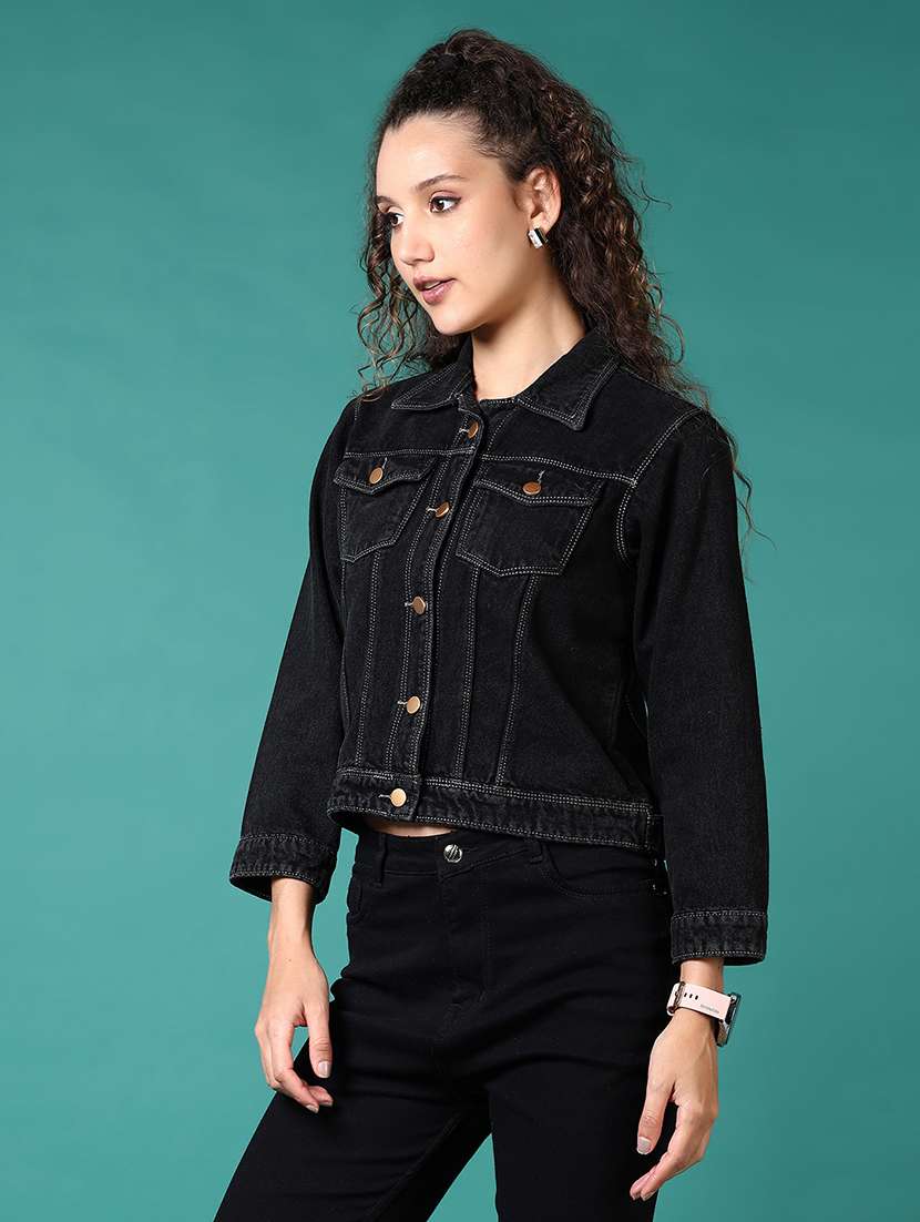 women solid collared denim jacket - 21676145 -  Standard Image - 1