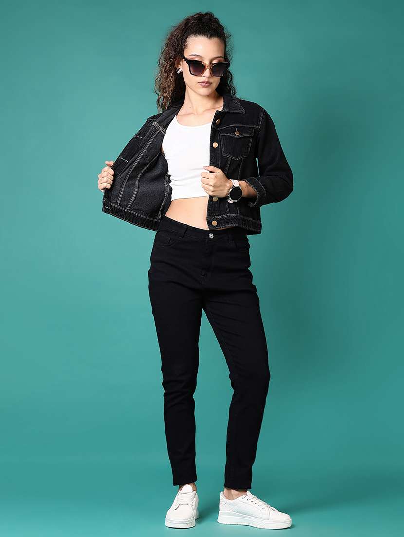 women solid collared denim jacket - 21676145 -  Standard Image - 4